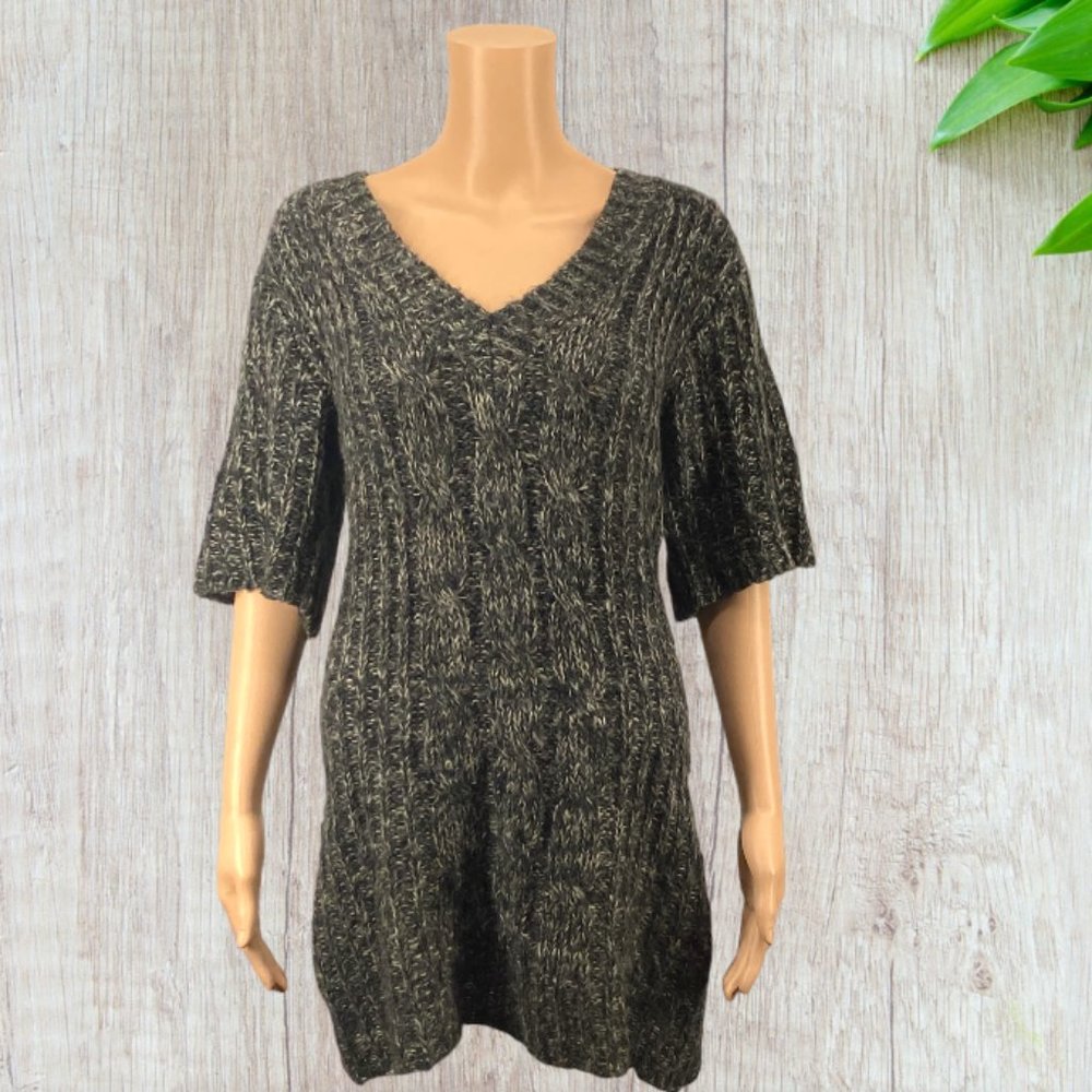GERI C -- Mini Sweater Dress, Long Sweater, Gray Cable-Knit, Elbow Length Sleeve - Picture 2 of 14
